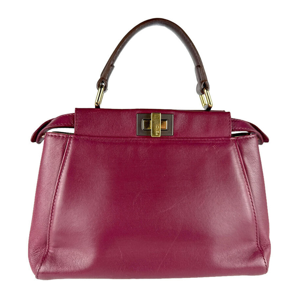 Fendi Peekaboo Leather 2way Shoulder Bag Wine Red x Brown